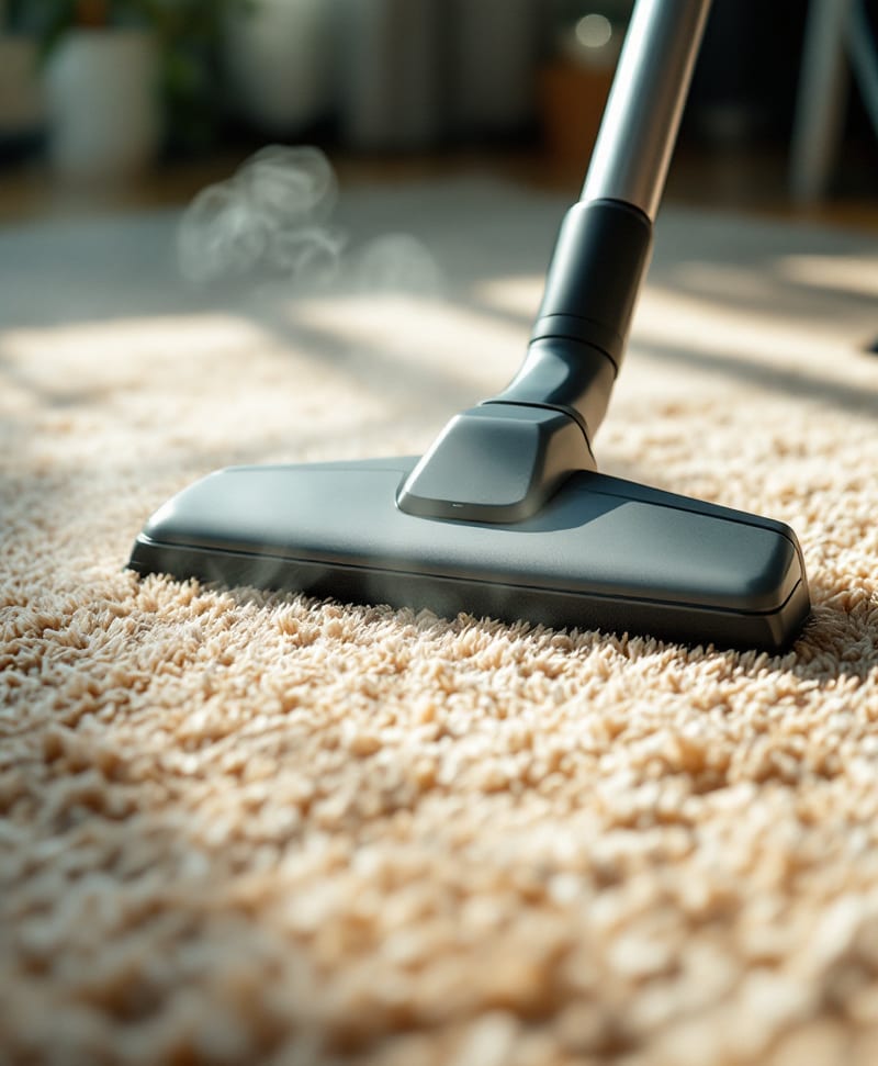 A steam extraction wand leaving a clean stripe across a beige plush carpet