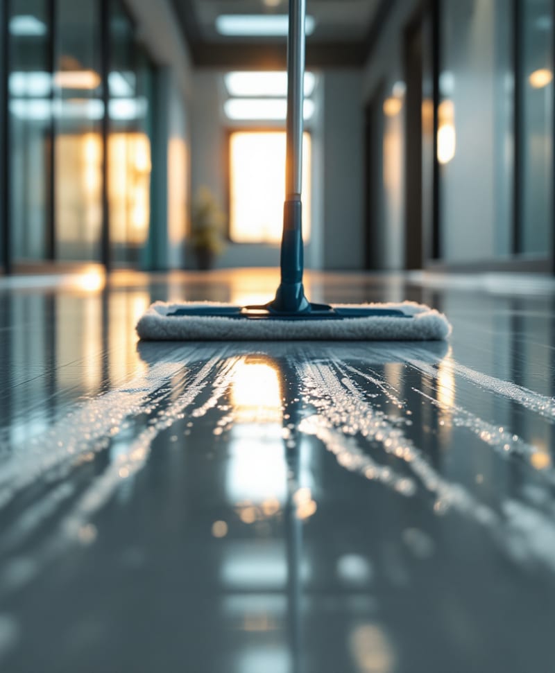 A wet mop leaving a streak across a polished commercial office floor