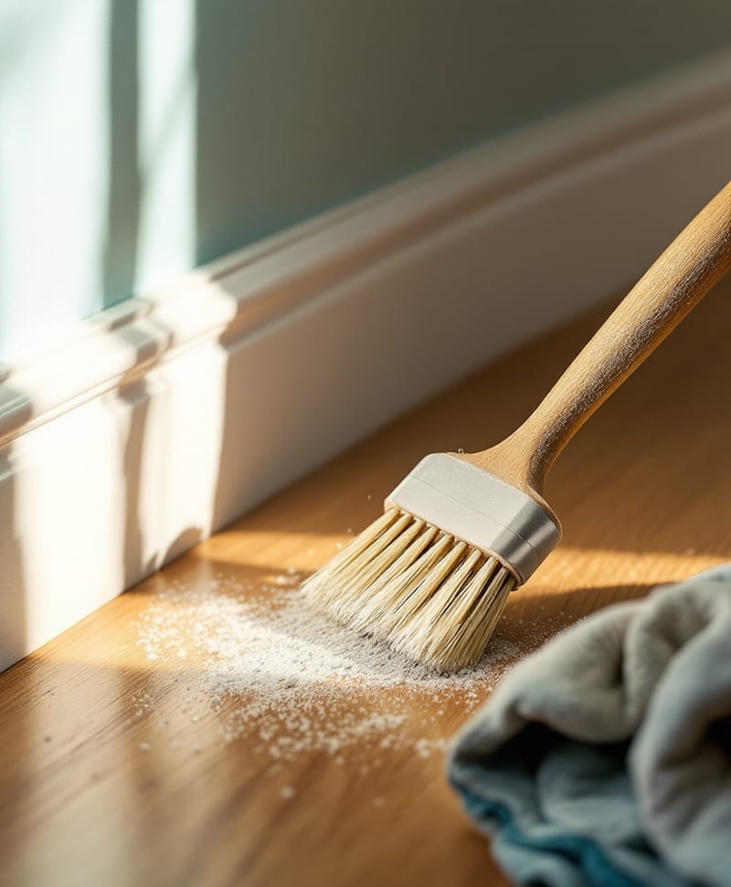 A stiff-bristle detail brush at the corner where a white baseboard meets an oak hardwood floor
