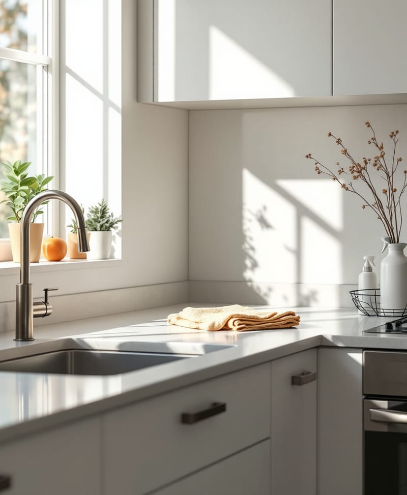 The empty freshly cleaned interior of a white kitchen cabinet with a folded microfiber cloth resting on the shelf