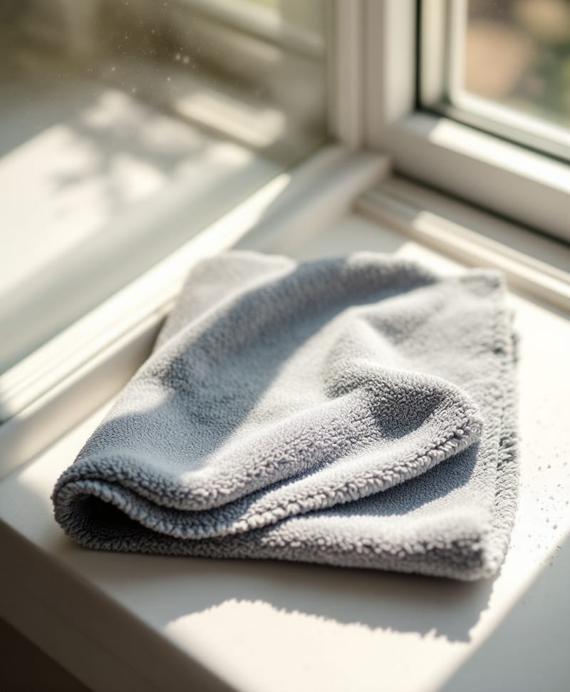 A folded grey microfiber cloth resting on a half-cleaned white window sill still showing construction dust