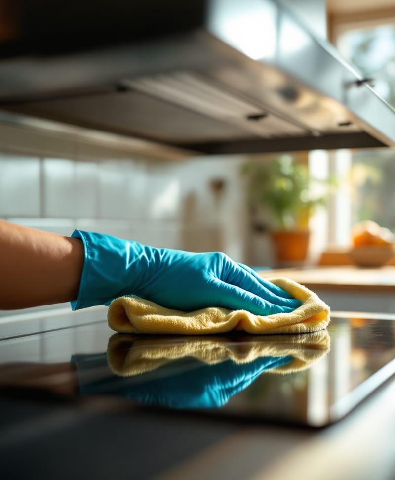 A gloved hand wiping a stainless steel range hood in a home kitchen